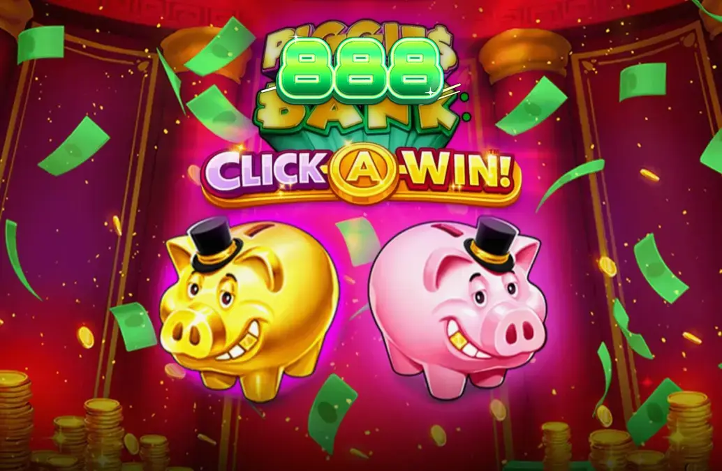 Interface do jogo Piggies and the Bank: Click-A-Win com o porquinho elegante e moedas douradas.